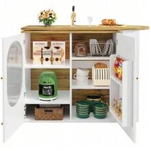 Bar Set: Kitchen Island Table With Storage & 2 Bar Stools, White, Wood Look, With Glass Cabinet Doors & Adjustable Shelves, Load Capacity Up To 150 Kg Per Stool - White - View 9