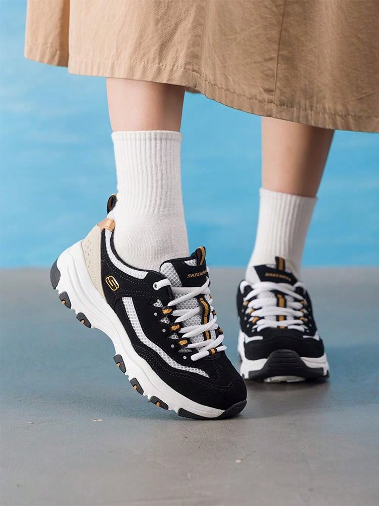 Skechers Women's D'LITES Series Fashion Lace-Up Sports Casual Shoes, 2026 Autumn New Colorblock Thick Sole Chunky Sneakers 8730066-BKGD - Black/Gold - View 1
