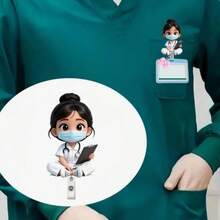 2pcs/Set, 2D Flat Nurse Girl With Pink Bow Pendant ID Badge Holder - Retractable Badge Clip Suitable For Medical Students And Nurse Practitioners - PMMA Material Workplace Identification Badge Clip | Fun Design | Acrylic Nurse Accessories Back To School Team Gift - B - View 8