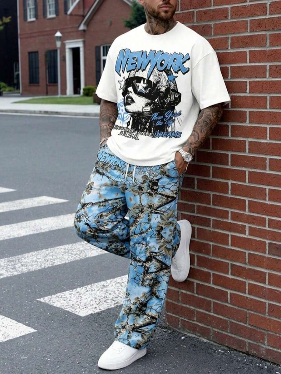 Men's Autumn/Winter Street Style Portrait Short Sleeve All-Over Floral Print Wide Leg Pants Casual Outfit 2-Piece Set - Multicolor - View 1
