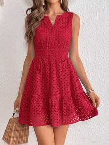 PRETTYGARDEN Women's Summer Dress Sleeveless V Neck Eyelet Cutout Swinging A-Line Flowy City Walks Wedding Guest Graduation Beach Vacation Sun Dress - 紅色 - 查看 3