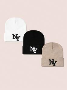 4pcs/Pack NY Solid Color Ski Hat Simple Knitted Beanie Hat For Women,Men Suitable For Daily Wear Casual - NY Neon Cap - View 3