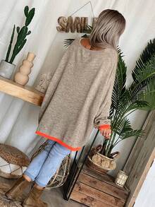 Plus Size Women's V-Neck Heart Print Loose Fit Long Sleeve Sweater, 2026 Essential Casual Wear - Khaki - View 4