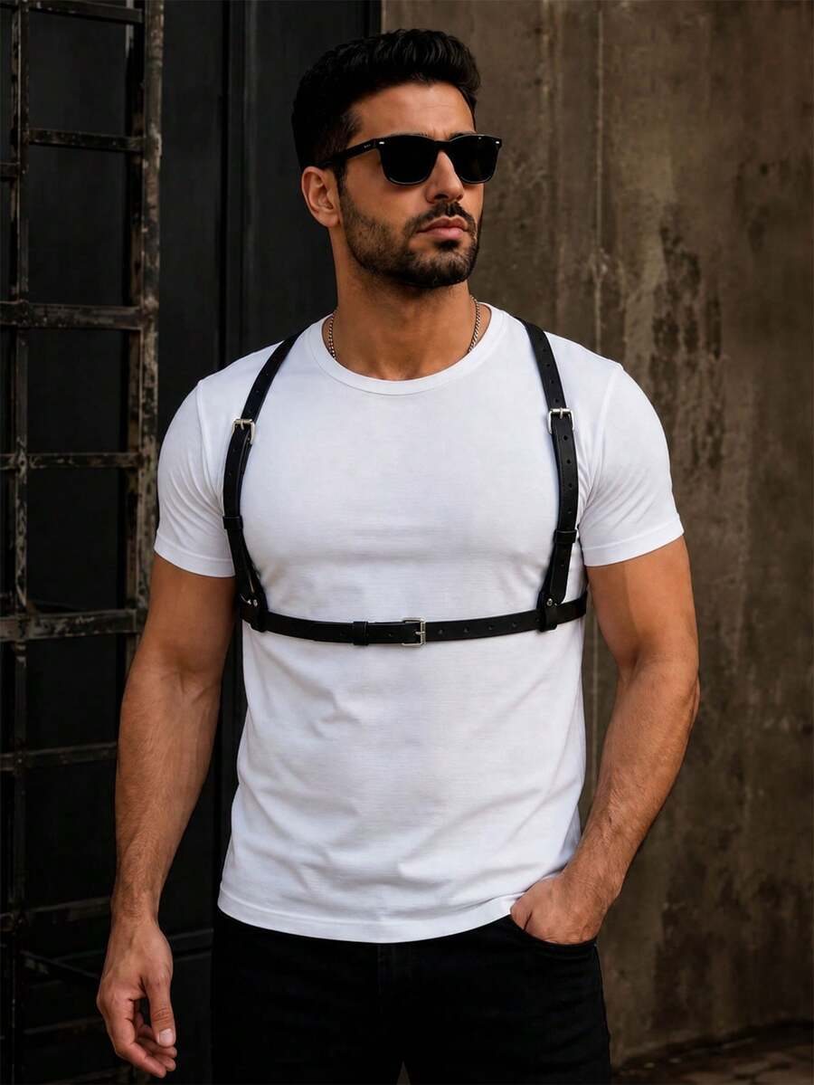 1pc Men's PU Leather Strap Belt, Gothic Punk Style Adjustable Waist Belt, Suitable For Daily Wear, Festivals And Parties - Black - View 1