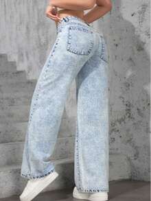 Calça Wide Leg Pantalona Marmorizada  Jeans Feminina Cintura Alta  Sem Laycra Levanta Bumbum PLUS Size Tam 36 ao 54 - Lavagem clara - Visão 2
