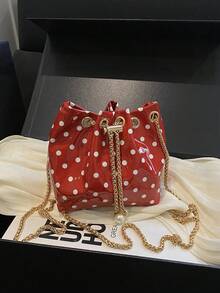 1pc Solid Color PU Drawstring Bucket Bag With Polka Dot Pattern Chain Crossbody Women's Fashion Shoulder Bag - Red - View 8