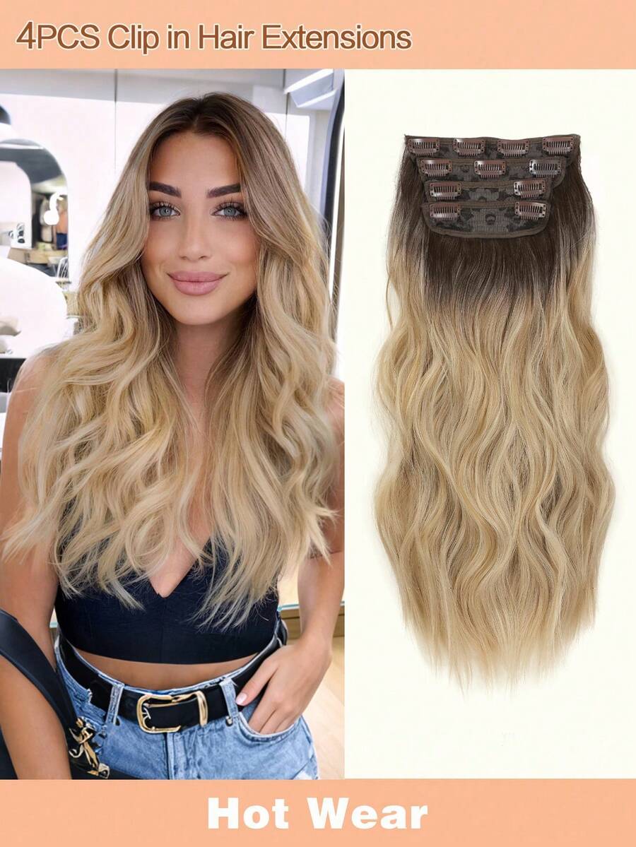 4件組 20英吋夾式波浪髮片 蜂蜜米色金髮帶深色髮根 全頭用合成髮片 女款 自然光澤