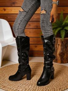Black Ruched Slouch Knee High Boots, Double Buckle Block Heel Riding Boots, Punk Style Side Zipper Over-The-Calf Boots For Fall Winter - Black - View 3