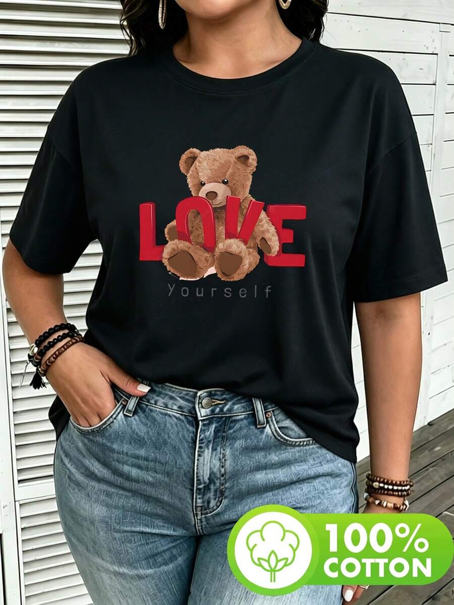 [2026 New Model] Plus Size Women's Round Neck Pullover Short Sleeve T-Shirt, 100% Cotton, Casual Sports Top, Comfortable Everyday Style, Summer Essent - Black - View 1