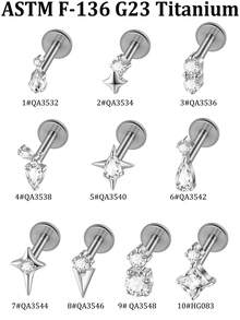 1PC Elegant G23 Solid Titanium Cross Star Waterdrop CZ Flat Labret 16G Internal Threaded Lip Nose Ear Cartilage Conch Piercing Lobe Earring Decoration - Titanium Color - View 9