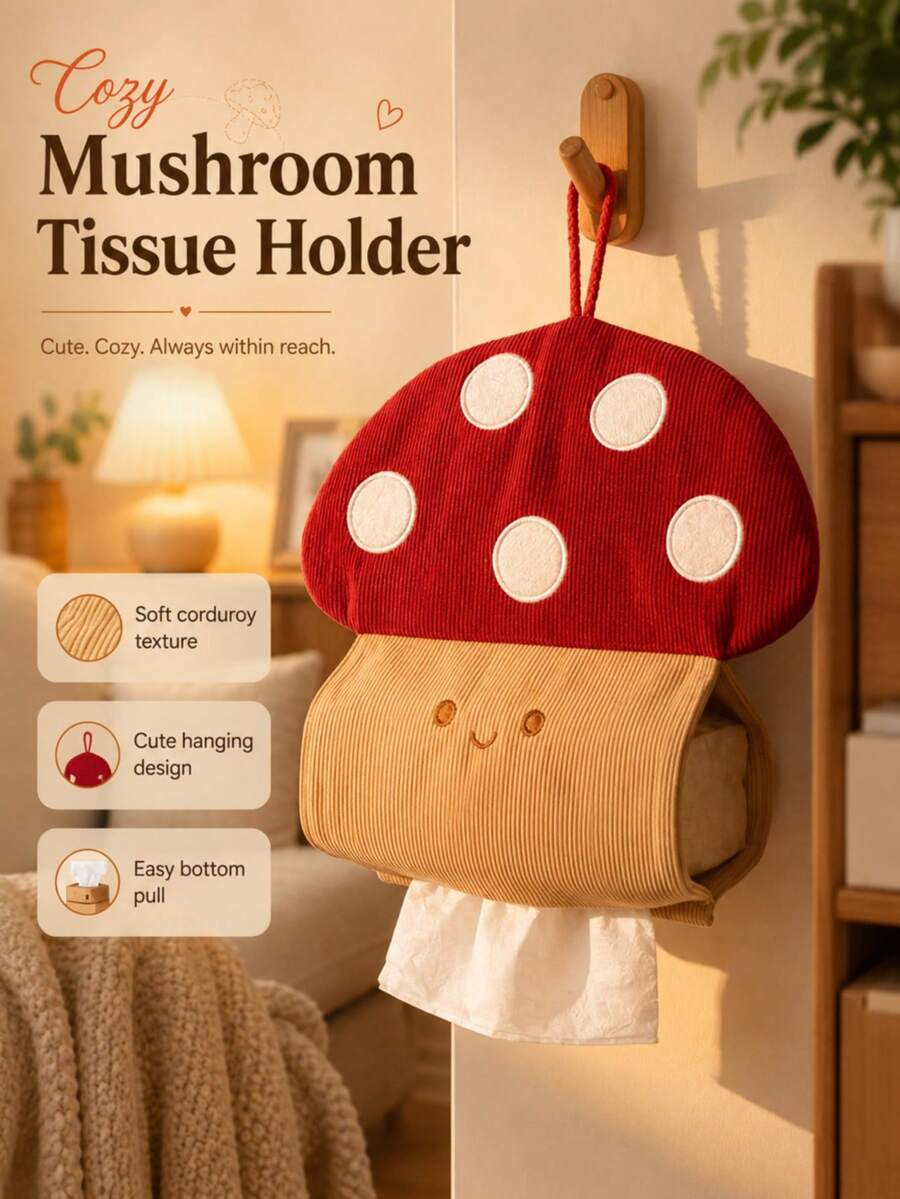 1PC Mushroom Hanging Tissue Box Cover, Soft Corduroy Tissue Holder With Easy-Pull Bottom Opening, Wall-Mounted Organizer For Bedroom Living Room - Multicolor - View 1