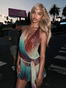 Women's Summer Fashion Sexy Wild Leopard Print Colorblock Mini Dress, Deep V Back Cutout Halter Neck Tie Elegant Vacation - Teal Blue - View 8