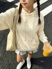 Women's Autumn/Winter New Solid Color Sweatshirt Sweatshirt, Drawstring Design, With Pockets, Casual Versatile Loose Fit Top, Fashionable Daily Wear - Apricot - View 2