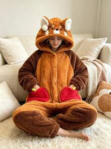 Women's Cute Cartoon Raccoon Hooded Flannel Bathrobe, Thick Soft Plush Loungewear, Non-Stretch Machine Washable Warm Home Robe, Suitable For Cold Winter Indoor, Bathroom And Christmas, Comfortable Breathable Absorbent Quick-Drying, Applicable For Home/Spa/Hotel/Leisure - Multicolor - View 5