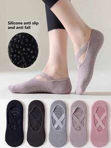 1/2/3/5 Pairs Women's Short Socks, Non-Slip Silicone Bottom Grip Socks, Cross-Strap Indoor Yoga Socks, Dance & Fitness Socks - Multicolor - View 2