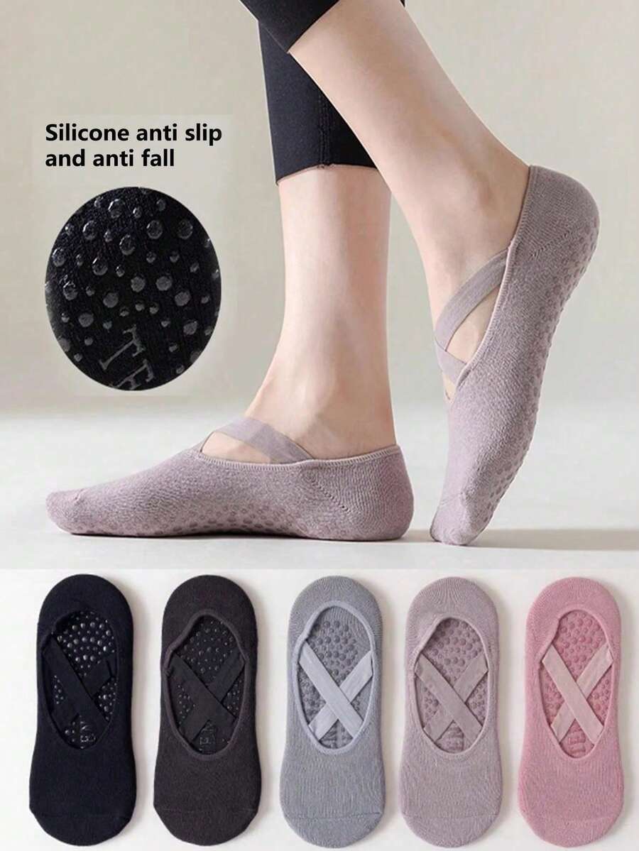 1/2/3/5 Pairs Women's Short Socks, Non-Slip Silicone Bottom Grip Socks, Cross-Strap Indoor Yoga Socks, Dance & Fitness Socks