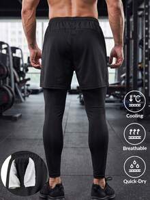 1pc Men's 2 In 1 Running Sports Long Pants With Zipper Pockets, Printed Fitness Outdoor Trousers - Black - View 3