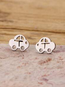 1 Pair Golden Stainless Steel Cartoon Car Stud Earrings, Dainty Cute Tiny Auto Vehicle Ear Jewelry For Women Daily Outfit - GED893 - View 5
