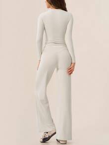 TimeOff Women's One Set Solid Color Round Neck Fitted Long Sleeve Top And High Waist Butt-Lifting Flared Pants - Apricot - View 8