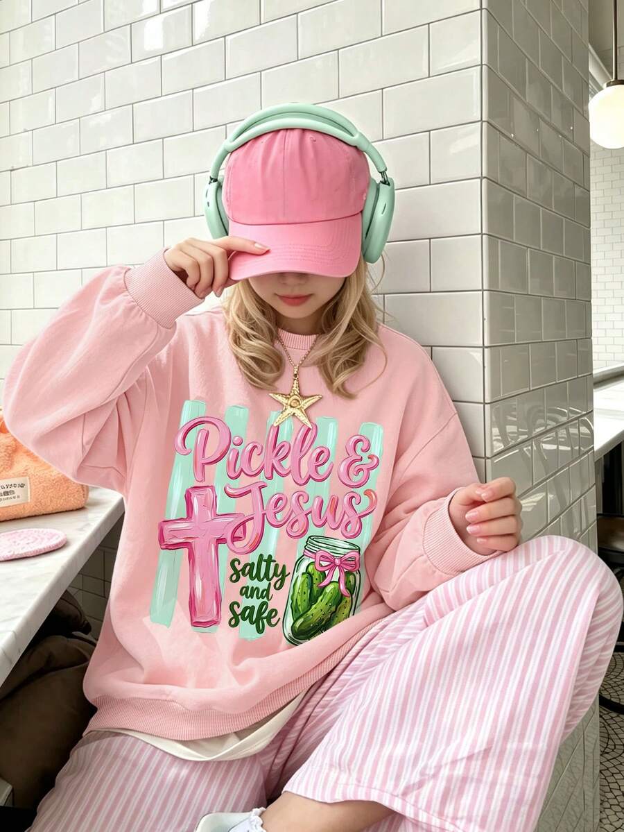 Cute Girl Pink Crew Neck Sweatshirt, Pickle Jesus Cross Graphic Print Casual Aesthetic Top - Pink - View 1