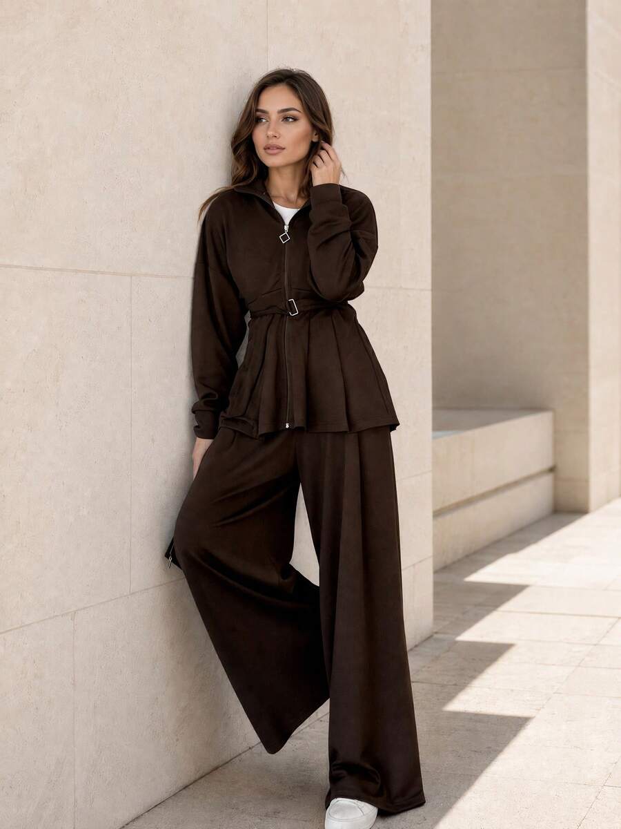 Women's Casual Brown 2-Piece Set, Includes Lace-Up Zipper Jacket And Wide-Leg Pants Fall - Coffee Brown - View 1
