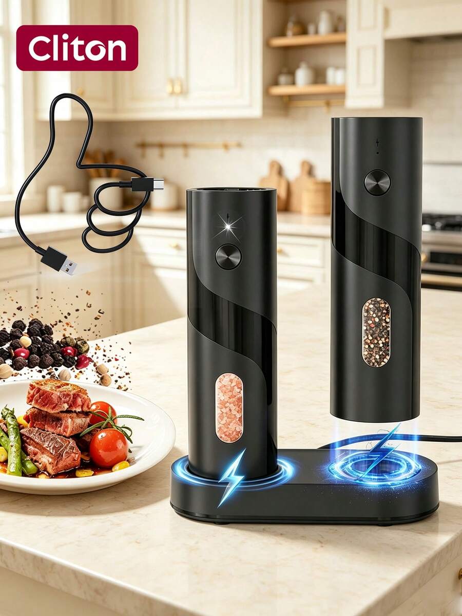 CLITON 電動鹽胡椒研磨器，3種規格可選：單機充電版 / 2件組充電版 / 充電底座套組，內置 300mAh 電池，USB 充電，單手自動研磨附 LED 燈，節日廚房小工具