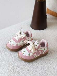 1 Pair Baby Girls' Retro Floral Soft Sole Casual Sneakers, Versatile Board Shoes - Pink - View 2