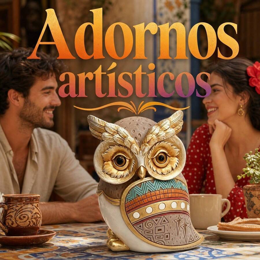 Figura Decorativa de Búho con Detalles Dorados y Patrones Geométricos, Adorno de Mesa para Estantería y Salón, Estatua de Poliéster para Decoración del Hogar, 13.50 x 10.00 x 16.00 cm - A - Ver 1