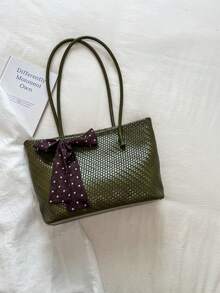 Women's Tote Shoulder Bag, Solid Color Polka Dot Bow Ribbon Decor, Large Capacity, Minimalist Elegant Style, Daily Commute Shopping Handbag - Green - View 6