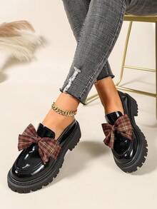 Women's Comfortable Round Toe Slip-On Loafers With Bow Decor And Chunky Heel, Suitable For Office Work And Casual Wear - Black - View 5