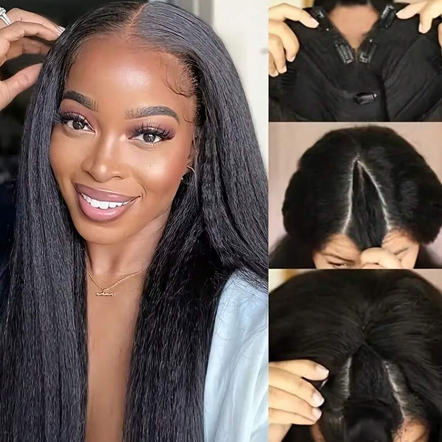 Smilegirl V-Part Wig Kinky Straight 180% 200% Density Human Hair Wigs Yaki Straight Glueless Wigs Human Hair Brazilian Remy Hair Fully Machine Optimized No Leave Out No Sewing In For Beginners Friendly Women
