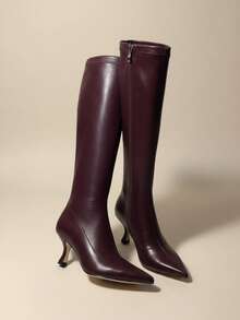 Senyu Haixiang Sepatu Bot Panjang Wanita Hak Tinggi Ujung Lancip Hak Stiletto Resleting Samping Elastis Pas Ramping, Warna Polos - Burgundy - View 1