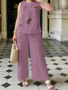 Women's Summer Solid Color Casual Embroidered Round Neck Sleeveless Top And Long Pants 2-Piece Set - Lilac Purple - View 6