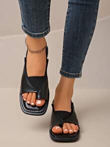 Women's Square Toe Flat Sandals, Summer Minimalist Back Strap Open Toe Casual Versatile Low Heel Shoes - Black - View 5