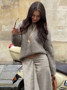 Sweater Wol Pullover Wanita Lembut dan Nyaman Ukuran Besar, Atasan Lengan Panjang Rajut Bergaris Halus, Pilihan Ideal untuk Pakaian Musim Dingin - Unta Muda - View 6