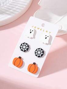 3 Pairs/Set Halloween Ghost Spider Pumpkin Design Women's Fashion Jewelry Earring Set, Perfect Decoration For Holiday Parties - Multicolor - View 2