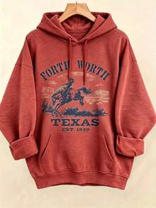Women's Western Style Fort WorthTexasEST1849CowboyPatternHoodieSoftCrewNeckPulloverWith Cactus And Longhorn DesignComfortableCasualLongSleeve Sweater - 紅色2 - 查看 1