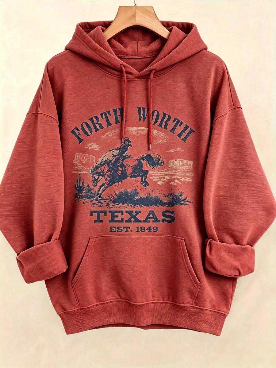 Women's Western Style Fort WorthTexasEST1849CowboyPatternHoodieSoftCrewNeckPulloverWith Cactus And Longhorn DesignComfortableCasualLongSleeve Sweater - 紅色2 - 查看 1