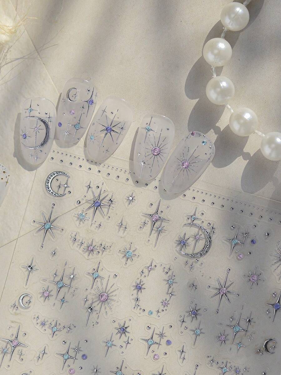 1pc Dreamy Starry Sky Nail Art Sticker With Moon, Stars And Gemstone Decor, Suitable For Press-On Nails, Daily And Party Nail Art - Multicolor - View 1