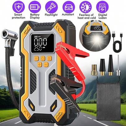 Arrancador Multifuncional de Coche con Inflador de Neumáticos, 6000mAh 1500A Pico 12V Refuerzo de Batería de Vehículo, Banco de Energía con Pantalla Digital, Luz LED & SOS de Emergencia para Averías en Viajes por Carretera, Accesorio Práctico Regalo para Conductores