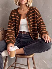 Women's Round Neck Single-Breasted Contrast Color Striped Long Sleeve Knit Cardigan, Loose Casual Versatile Fashion Style For Autumn/Winter - Brown - View 4