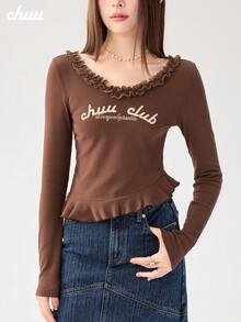 CHUU 單字母針織布蕾絲拼接 T-Shirt，約會日常秋冬內搭外穿修身不對稱上衣 - 咖啡棕 - 查看 4
