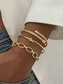 3pcs Fashion 18K Gold Plated Stainless Steel Women's Bracelet Set, Designed For Women With Adjustable Size, Decorated With Wrapped Rope Elements, Elegant Style Suitable For Daily Wear, Dating, Vacation Outfits, And Holiday Gifts, Can Be Worn Individually/Stacked, Multiple Ways To Wear - Adjustable Bracelet - View 3