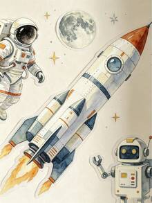 1 set/2 stora akvarellväggdekaler med rymdmotiv, lämpliga för barnrum, astronaut-, raket- och robotdekalset, avtagbar självhäftande vinylväggmålning, galaxtema för sovrumsdekoration - Multifärgad - Visa 3