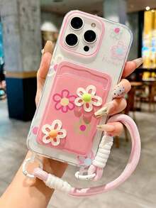 1PC Flower Card Holder Compatible With IPhone 17 Air/17 Pro Max/16 Pro/15 Pro/14 Max/13/12, Silicone 3D Card Slot Phone Case With Lanyard, Full Coverage Soft Shockproof Shell - Pink - View 27