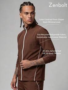 Zenbolt Minimalist Full Zip Stand Collar Top, Contrast Striped Edge, Side Hand Pockets, Light Smooth Material For Daily Matching - Brown - View 1