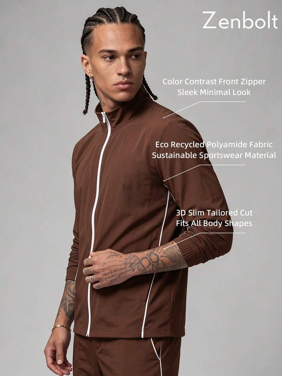 Zenbolt Minimalist Full Zip Stand Collar Top, Contrast Striped Edge, Side Hand Pockets, Light Smooth Material For Daily Matching - Brown - View 1