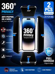 ZYONS 2 buah Pelindung Layar Kaca Tempered Privasi Dimensi Penuh 360° Kompatibel dengan Apple 18/17 Pro Max/Fold/16/15/14/13/12/11/X Semua Seri, Anti-Intip dari Semua Sisi, Anti-Jatuh, Anti-Sidik Jari, Anti-Gores, Tahan Aus, Anti-Ledakan, Transparansi Tinggi, Perlindungan Layar Penuh untuk Kantor dan Perjalanan - 2 lembar - View 35
