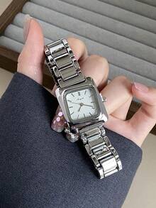1件阿拉伯數字刻度金色方形鑲鑽女款石英手錶，精緻休閒，適合日常搭配、派對禮物 - 銀色 - 查看 4