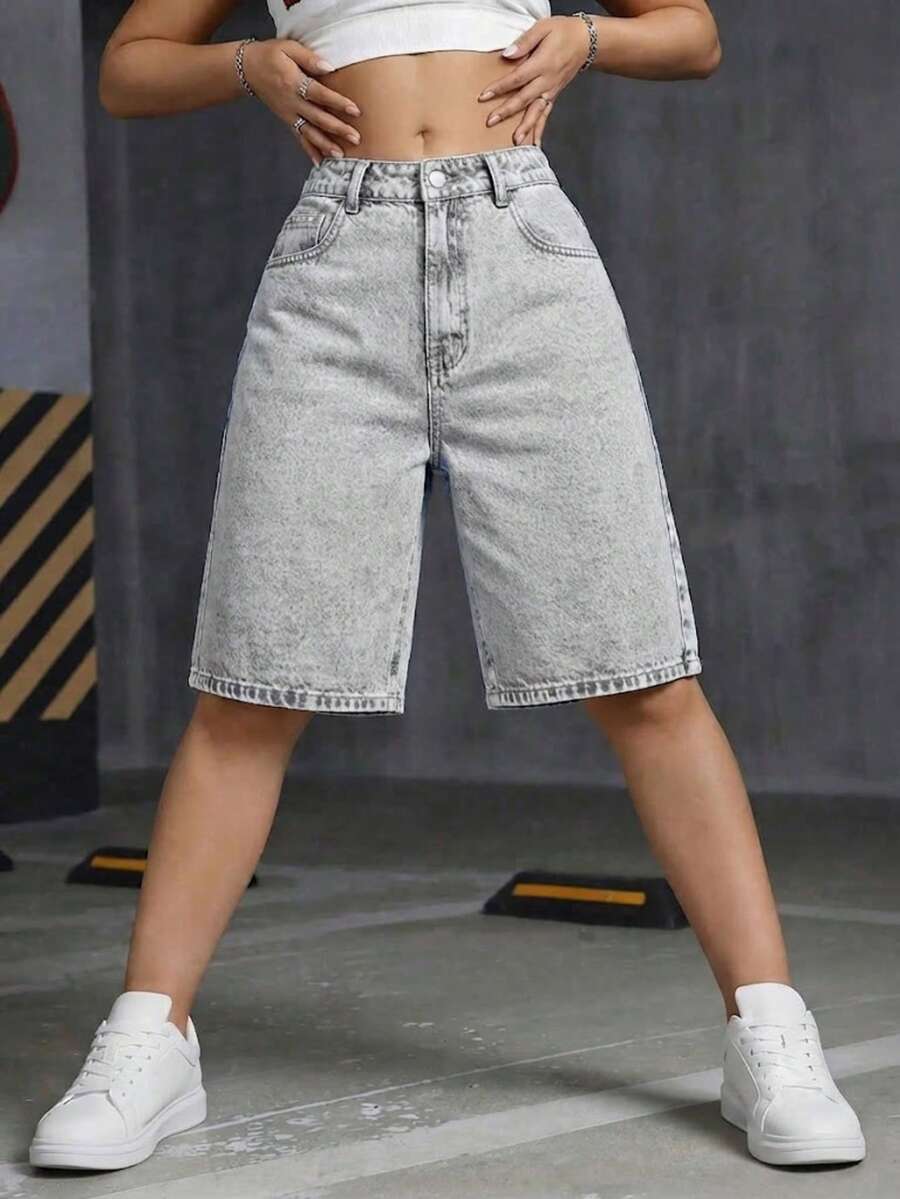 女款休閒街頭風中腰寬鬆彈性牛仔短褲夏季 - 淺灰色 - 查看 1